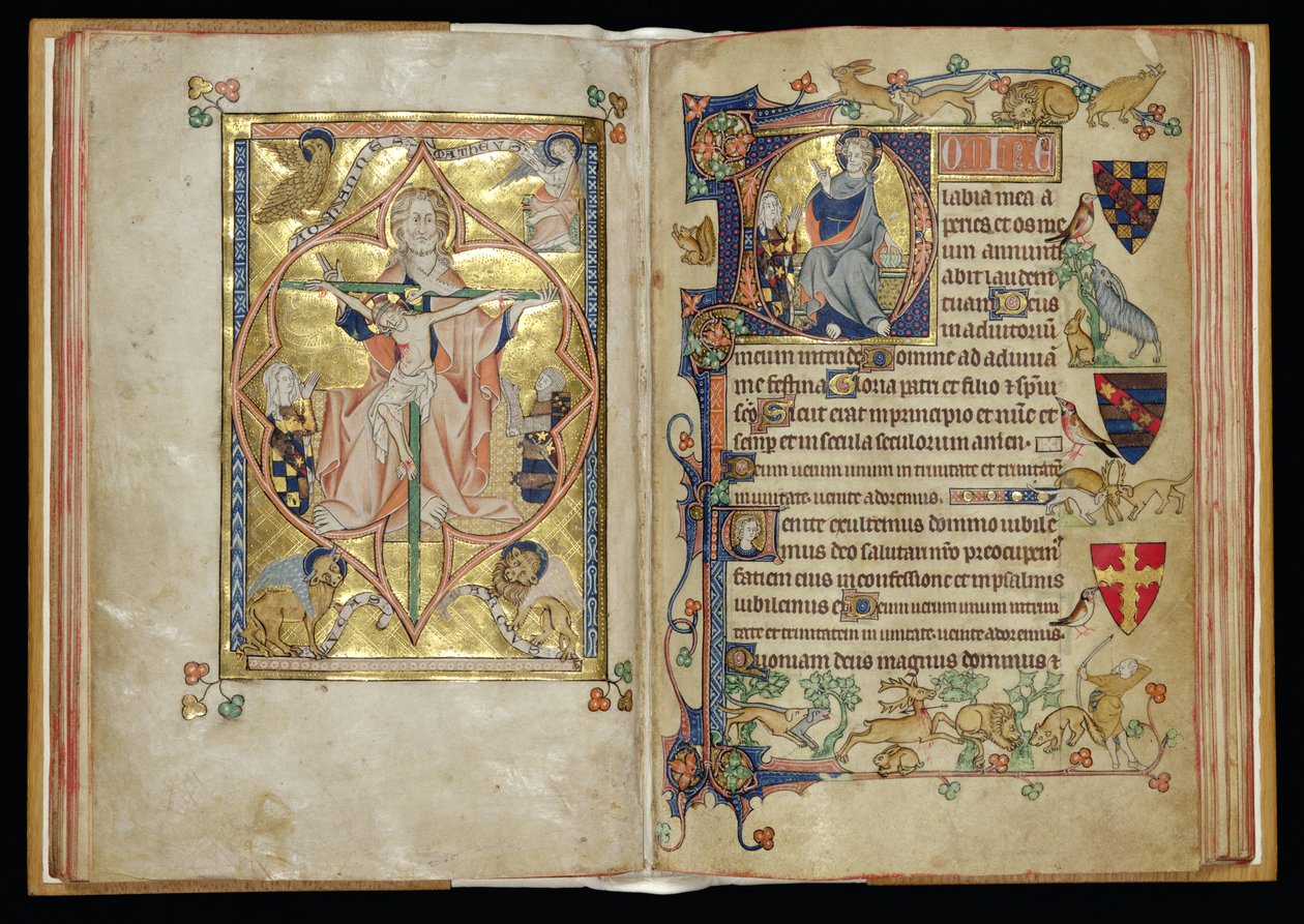 Ms 242 ff.28v-29r The Trinity and the Throne of Mercy historiallisessa alkukirjaimessa D, Packham-Clifford Hours, Use of Sarum, n. 1314-31 (kultalehti ja tempera pergamentilla) tekijältä English School