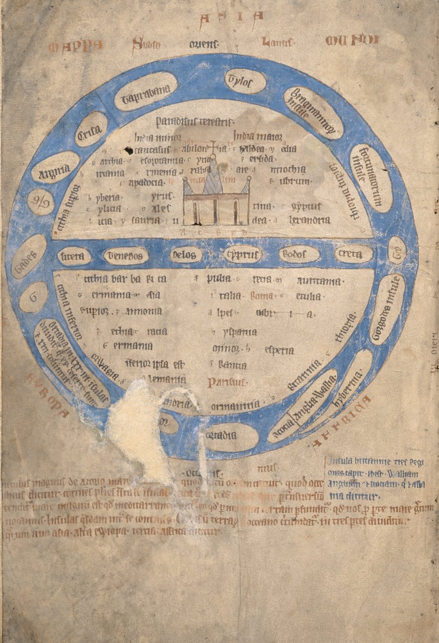 Ms 254, f.1v: Mappa Mundi, Bestiarysta, n. 1200-30 tekijältä English School