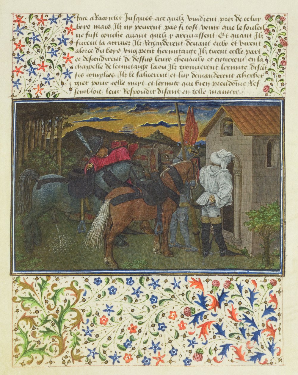 Ms. 2597 Heart, Desire and Generosity, myöhään illalla, Hermits Cellin edessä, Rene dAnjoun Livre du Coeur dAmours Esprisin faksimilepainos tekijältä English School