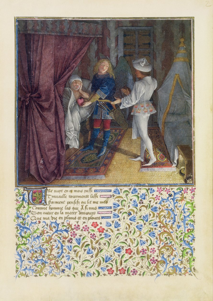 Ms. 2597 Kuningas Rene haaveilee: Rakkauden Jumala varastaa häneltä hänen sydämensä hänen tietämättään ja antaa sen Desirelle, Rene dAnjoun Livre du Coeur dAmours Esprisin faksimilepainos tekijältä English School