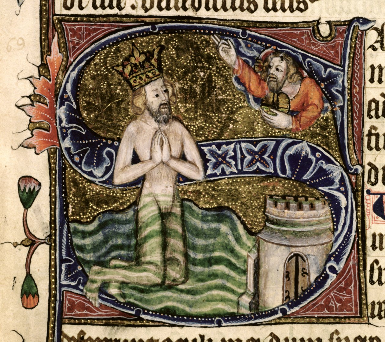 Ms 26 f.34r. Psalmi 68, Daavid hukkumassa, Ramsey Abbey Psalter, n. 1380 tekijältä English School