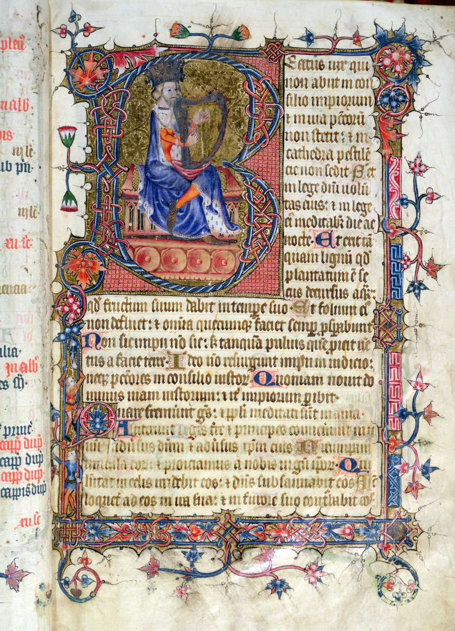 Ms 26 fol.7r. Psalmi 1, David harppu, Ramsey Abbey Psalter, n. 1380 tekijältä English School