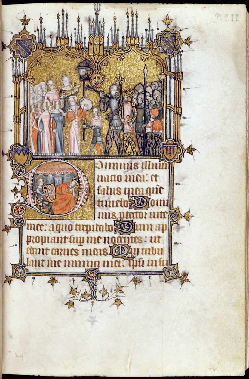 Ms 38-1950, f.29r: Daavid kulkueen kärjessä, joka kantoi Goljattien päätä keihässä, Bohun Psalter, n.1370 tekijältä English School