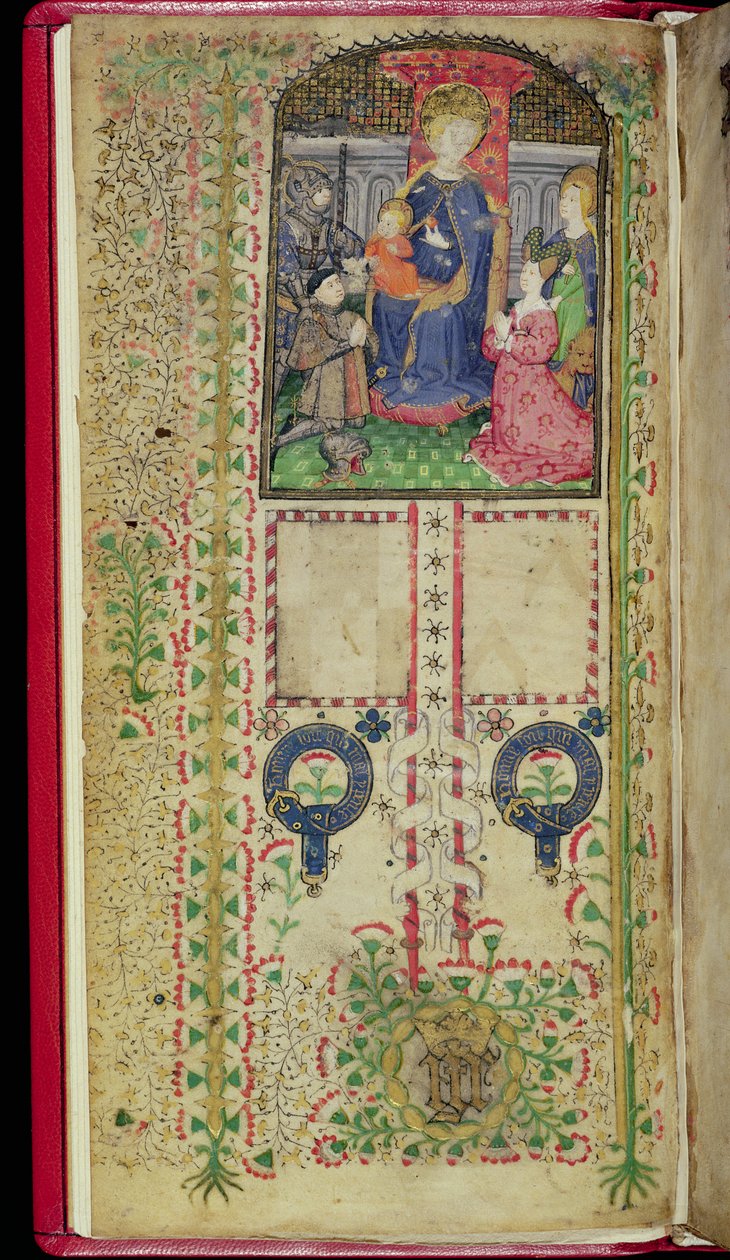Ms 41-1950, f.2v: omistussivu Margaret Beauchampille kuuluvasta tuntikirjasta, n. 1424 tekijältä English School
