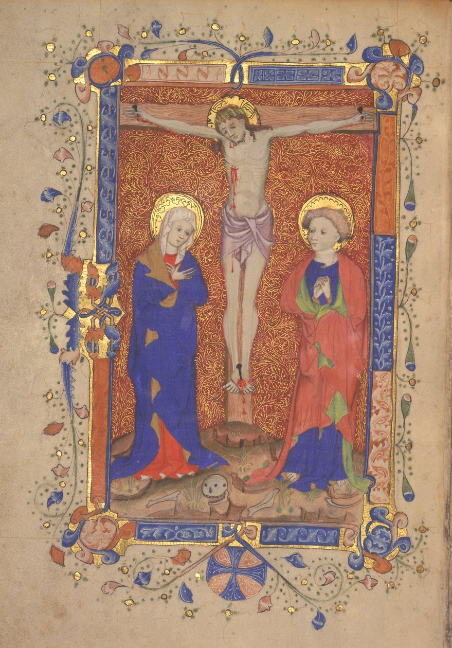Ms 515 fol.108r Ristiinnaulitseminen Pyhän Marian ja Pyhän Johannes Kastajan kanssa, St. Botolph Aldersgaten messaalista, n. 1420-1430 tekijältä English School