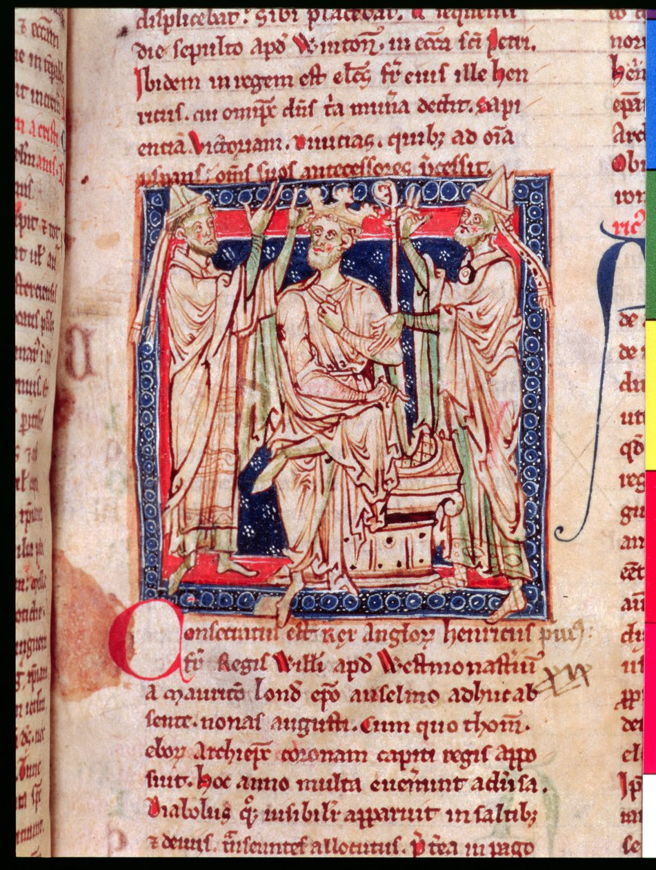 Ms 6712 (A.6.89) fol.129r Henry I (1068-1135), miniatyyri Flores Historiarumista, Matthew Paris, 1250-52 tekijältä English School