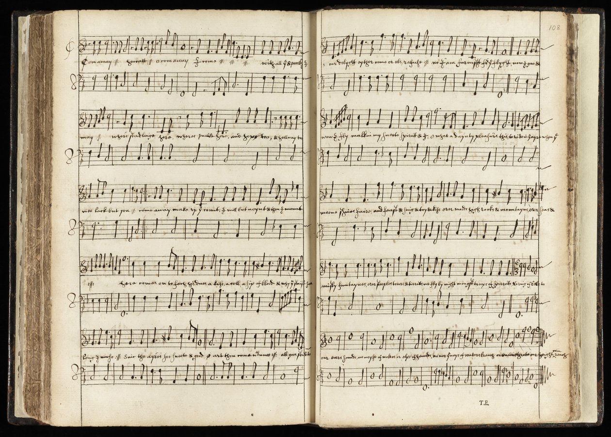 Ms 782 ff.107v-108 "Come away, come away Hecate", musiikkikappale "Macbeth" (muste paperille) tekijältä English School