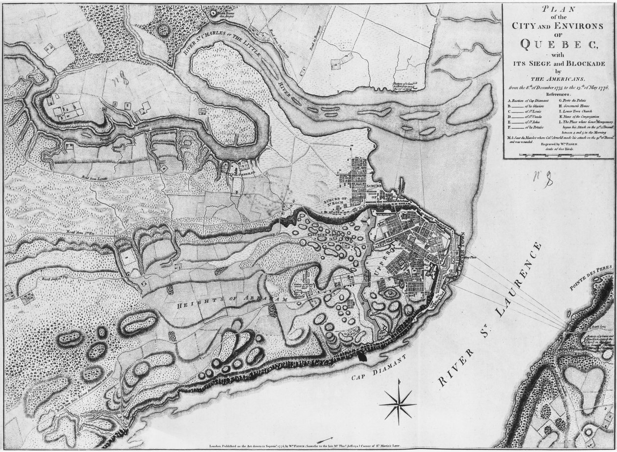 Ms A 224 f.8 Kartta Quebecin kaupungista ja sen ympäristöstä sen piirityksen ja amerikkalaisten saarron kanssa, kuva "Atlas de la guerre d