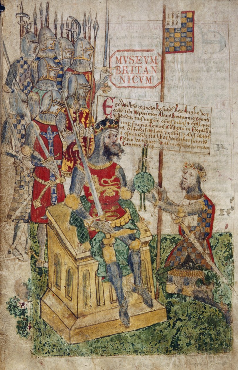 rouva Cotton Faustina B. VII, f.27 William I ja Earl of Bretagne, "Richmondin kunniarekisteristä" (vellum) tekijältä English School