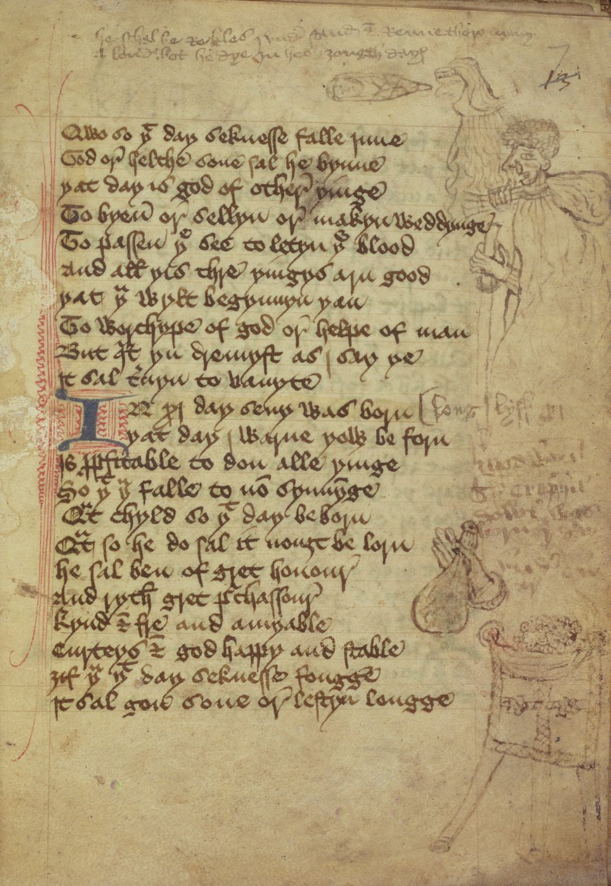 Ms. Harley 1735 fol.7r Sivu lääkärin muistikirjasta, joka on kirjoitettu keskienglanniksi (vellum) tekijältä English School