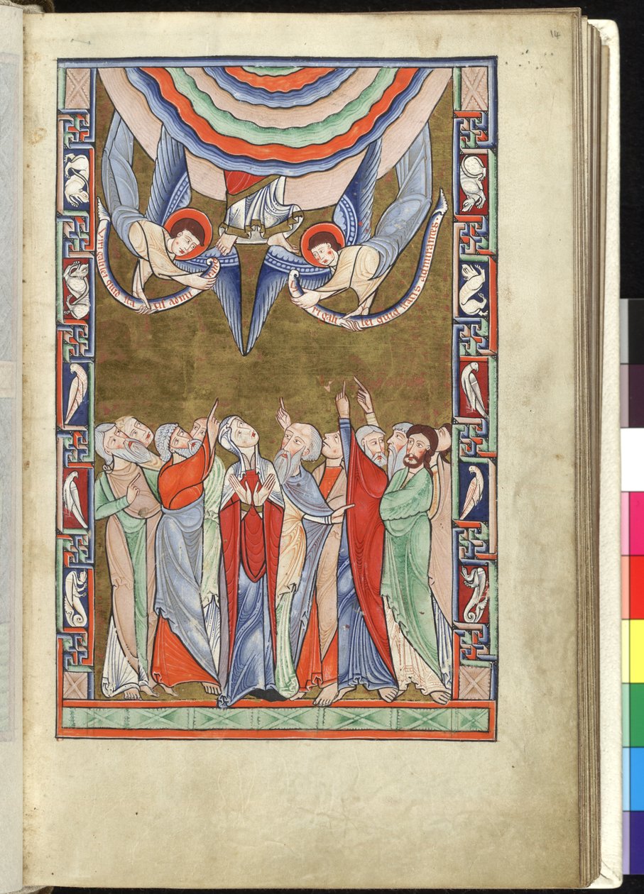 Ms Hunter 229 f.14r The Ascension, Hunterian Psalterista, n. 1170 (kynä ja muste ja tempera perunakalvolla) tekijältä English School