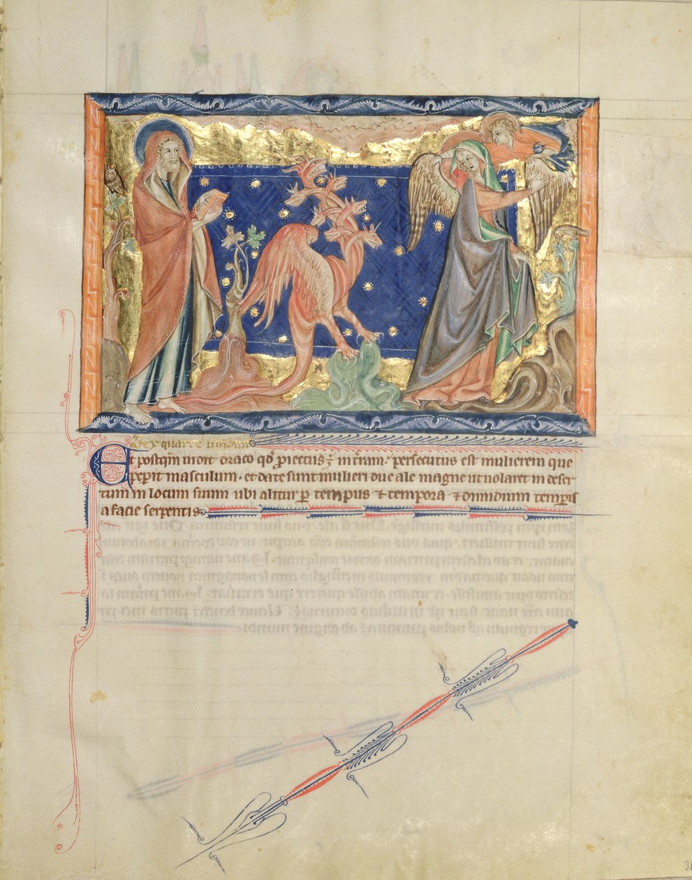 Ms L.A. 139-Lisboa fol.31 St. John katselemassa enkelin auttavan naista pakenemaan punaista lohikäärmettä, Gulbenkian Apokalypsista, n. 1265-70 tekijältä English School