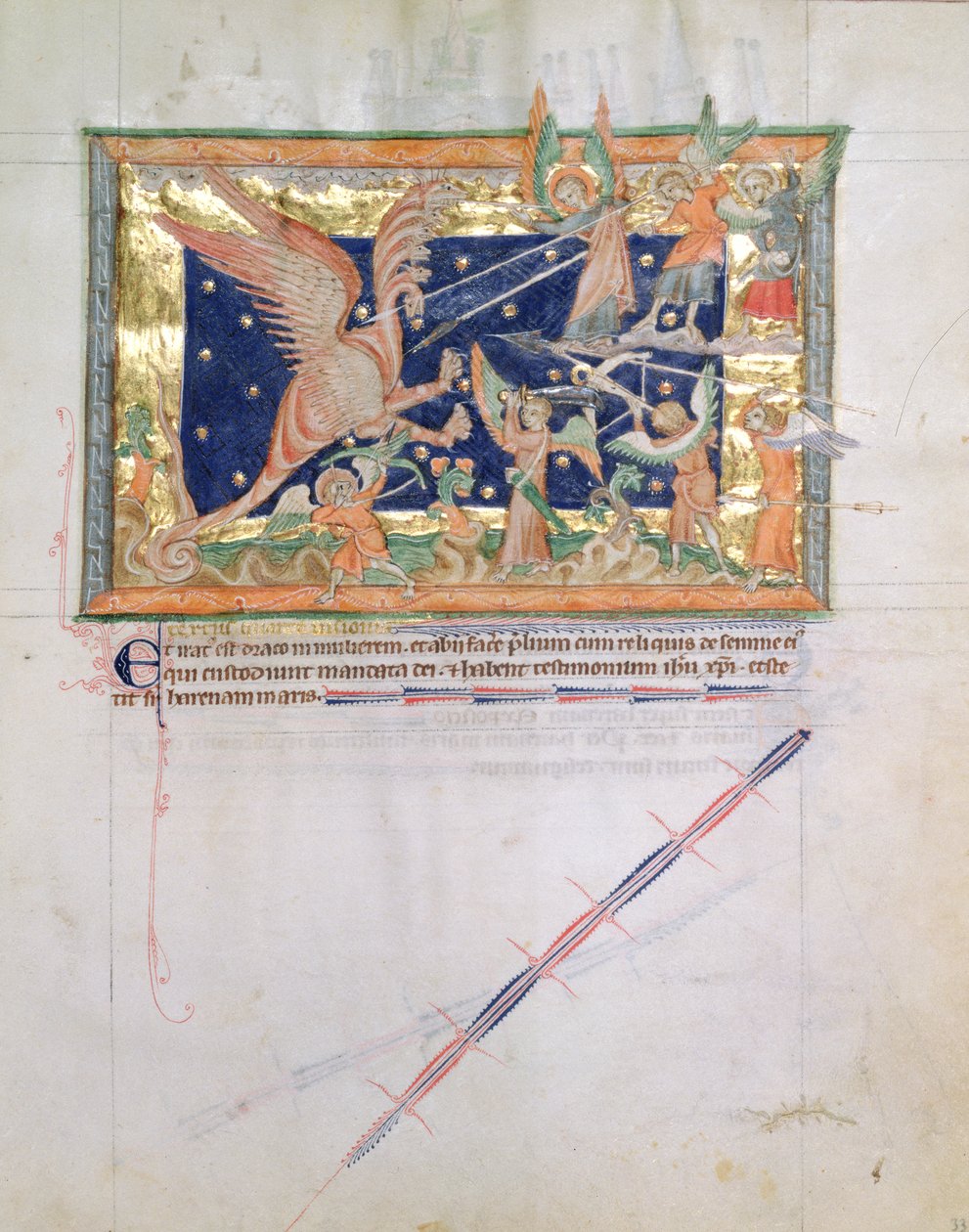 Ms L.A. 139-Lisboa fol.33 Lohikäärme, joka käy sotaa uskovien kanssa, Gulbenkian Apokalypsista, n. 1265-1270 tekijältä English School