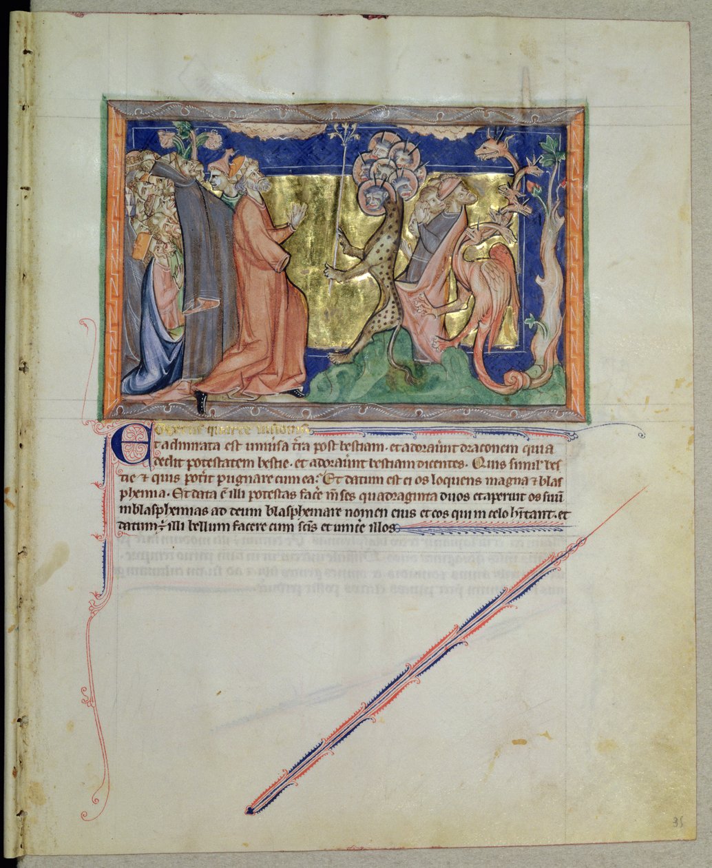 Ms L.A. 139-Lisboa fol.35 Ihmiset, jotka palvovat petoa ja lohikäärmettä, Gulbenkian Apokalypsista, n. 1265-1270 tekijältä English School