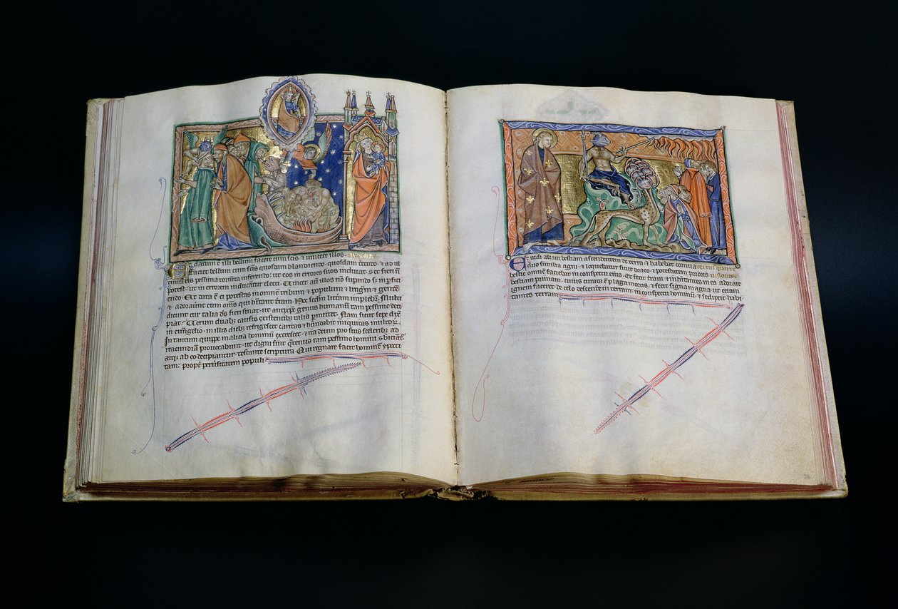 Ms L.A. 139-Lisboa fol.37 v-38 Peto, joka pilkkaa Jumalan nimeä, ja ihmiset, jotka palvovat kolmatta ja toista petoa, Gulbenkian Apokalypsista, n. 1265-1270 tekijältä English School