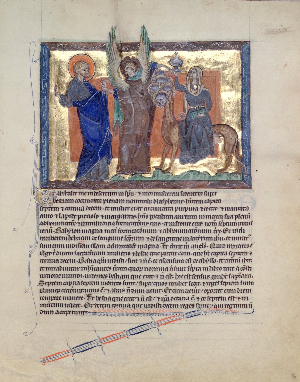 Ms L.A. 139-Lisboa fol.59 Enkeli, joka johdatti Pyhän Johannes evankelistan Babylonin portolle, Gulbenkian Apokalypsista, n. 1265-1270 tekijältä English School