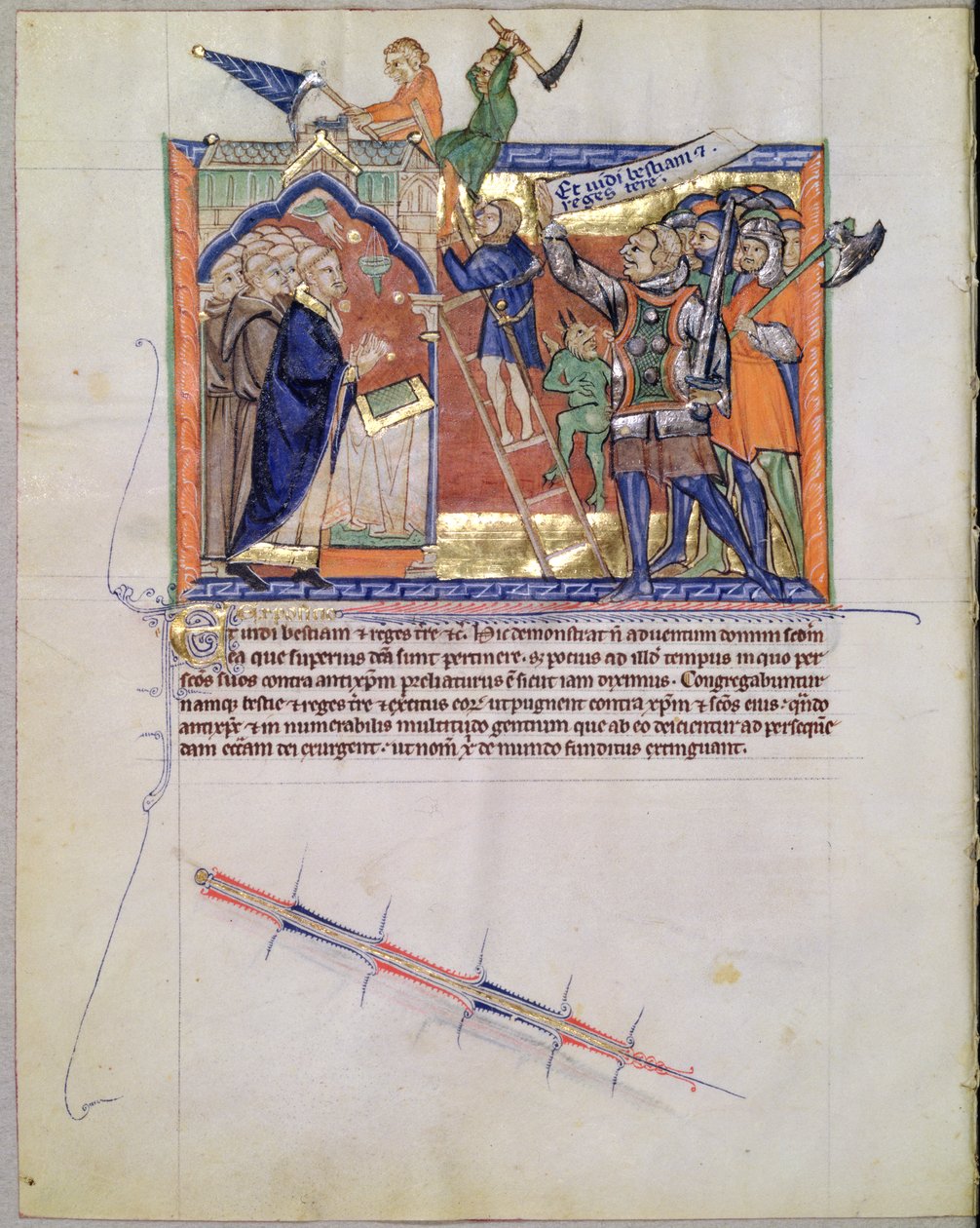 Ms L.A. 139-Lisboa fol.66 Jumalallinen soturi, joka johtaa armeijaa uskollisia vastaan hyökkääviä vastaan, Gulbenkian Apokalypsista, n. 1265-1270 tekijältä English School