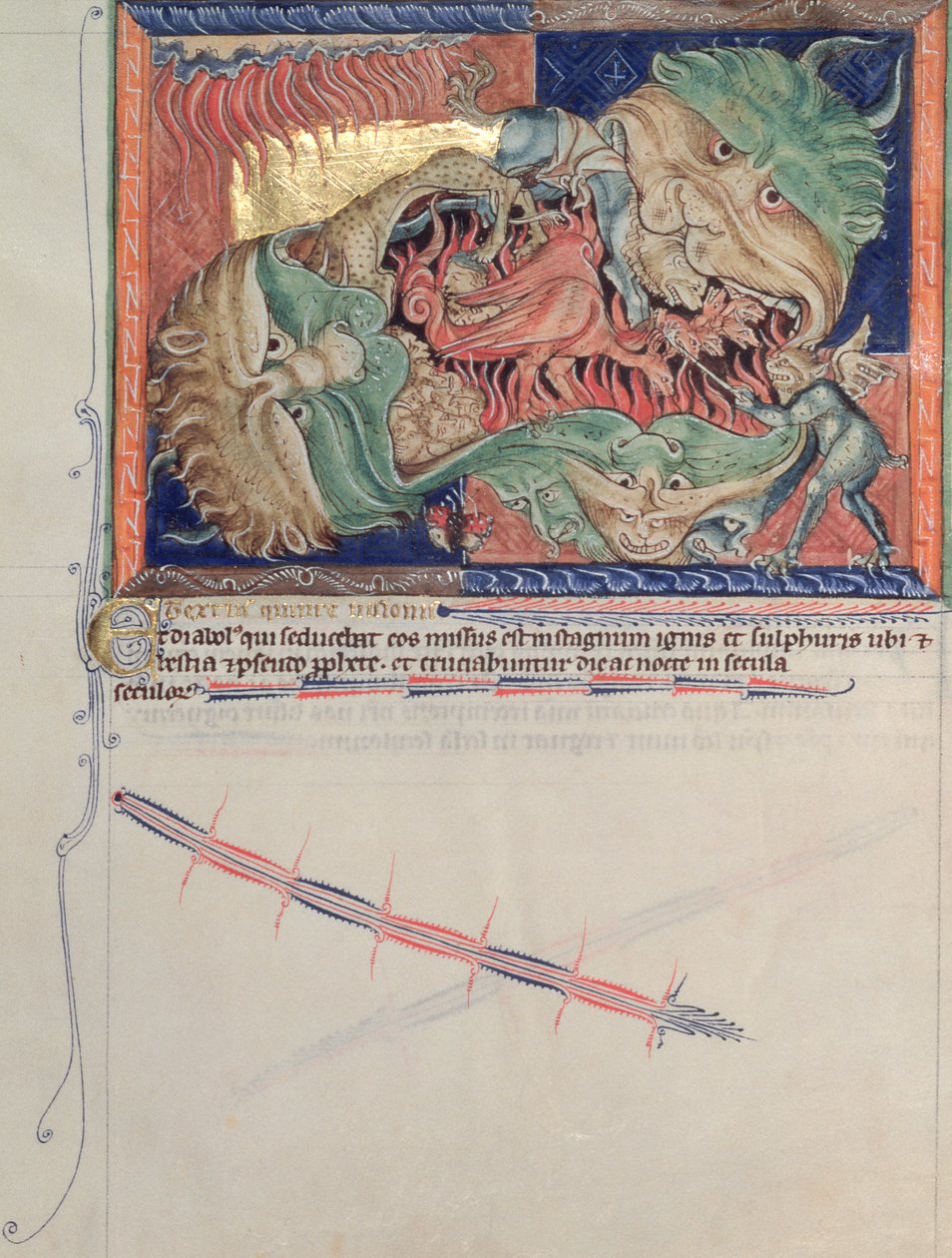 Ms L.A. 139-Lisboa fol.71 Helvetin leuat nielemässä punaisen lohikäärmeen, meren pedon ja maan pedon, Gulbenkian Apokalypsista, n. 1265-1270 tekijältä English School