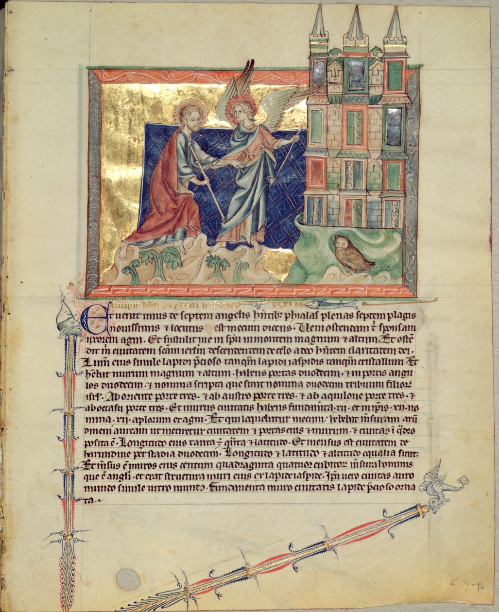 Ms L.A. 139-Lisboa fol.74 Enkeli, joka näyttää uutta Jerusalemia evankelista Pyhälle Johannes, Gubenkian Apokalypsista, n. 1265-1270 tekijältä English School