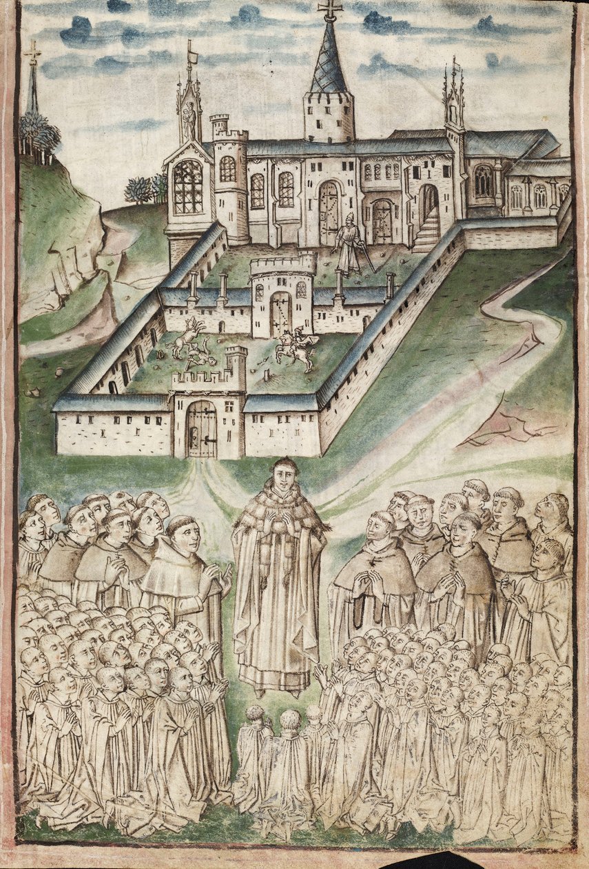 Ms. New Coll 288, f3r. (Chaundler-käsikirjoitus), Thomas Chaundlerin William of Wykehamin elämä (kynä ja muste ja tempera perunakalvolla) tekijältä English School