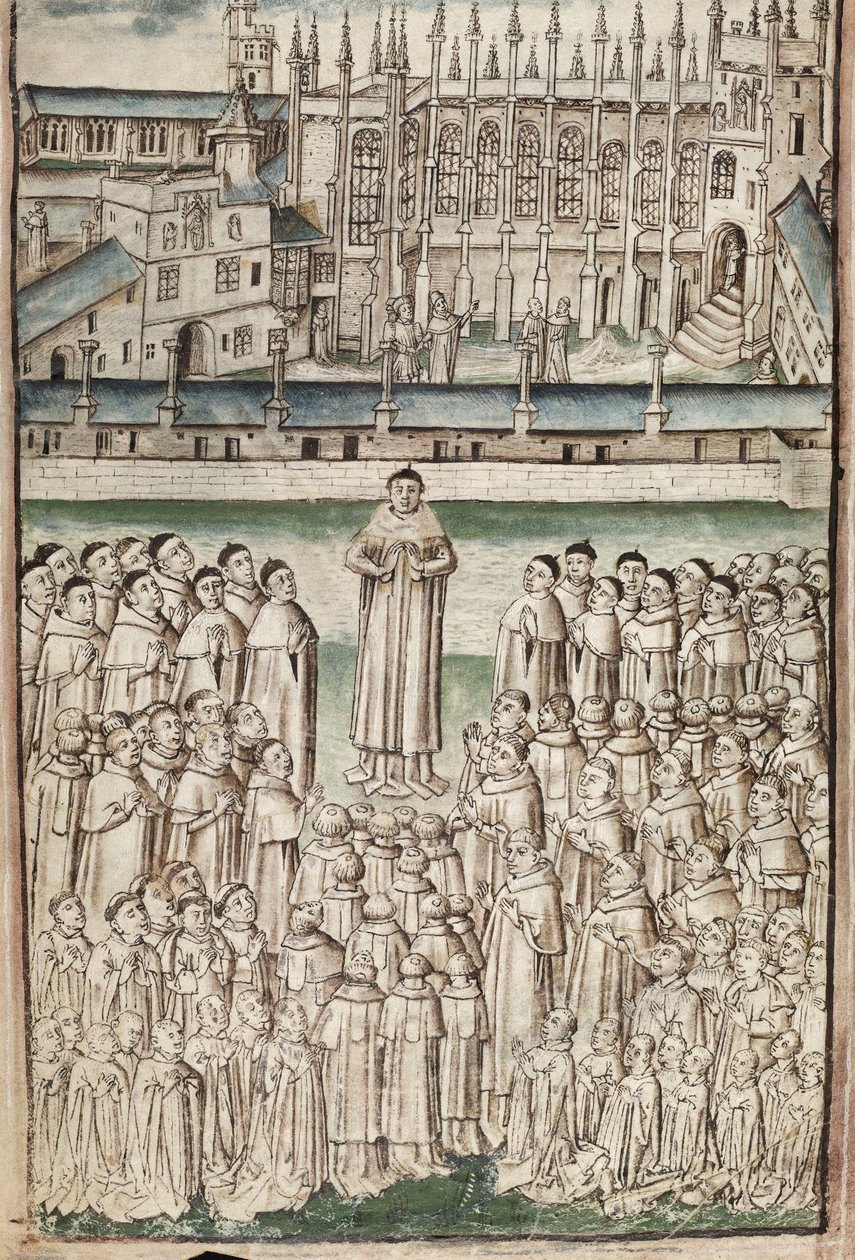 Ms. New Coll 288, f3v. (Chaundler-käsikirjoitus), Thomas Chaundlerin William of Wykehamin elämä (kynä ja muste ja tempera perunakalvolla) tekijältä English School