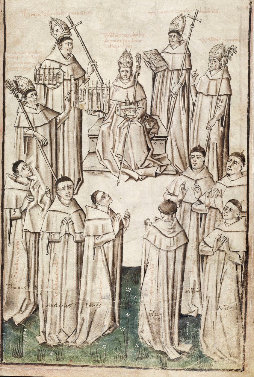 Ms. New Coll 288, f4r. (Chaundler-käsikirjoitus), Thomas Chaundlerin William of Wykehamin elämä (kynä ja muste ja tempera perunakalvolla) tekijältä English School