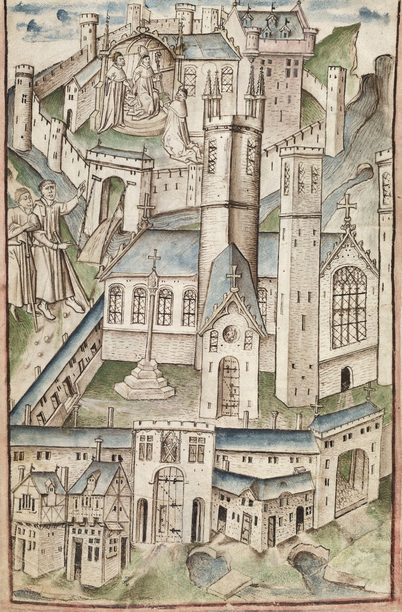 Ms. New Coll 288, f4v. (Chaundler-käsikirjoitus), Thomas Chaundlerin William of Wykehamin elämä (kynä ja muste ja tempera perunakalvolla) tekijältä English School