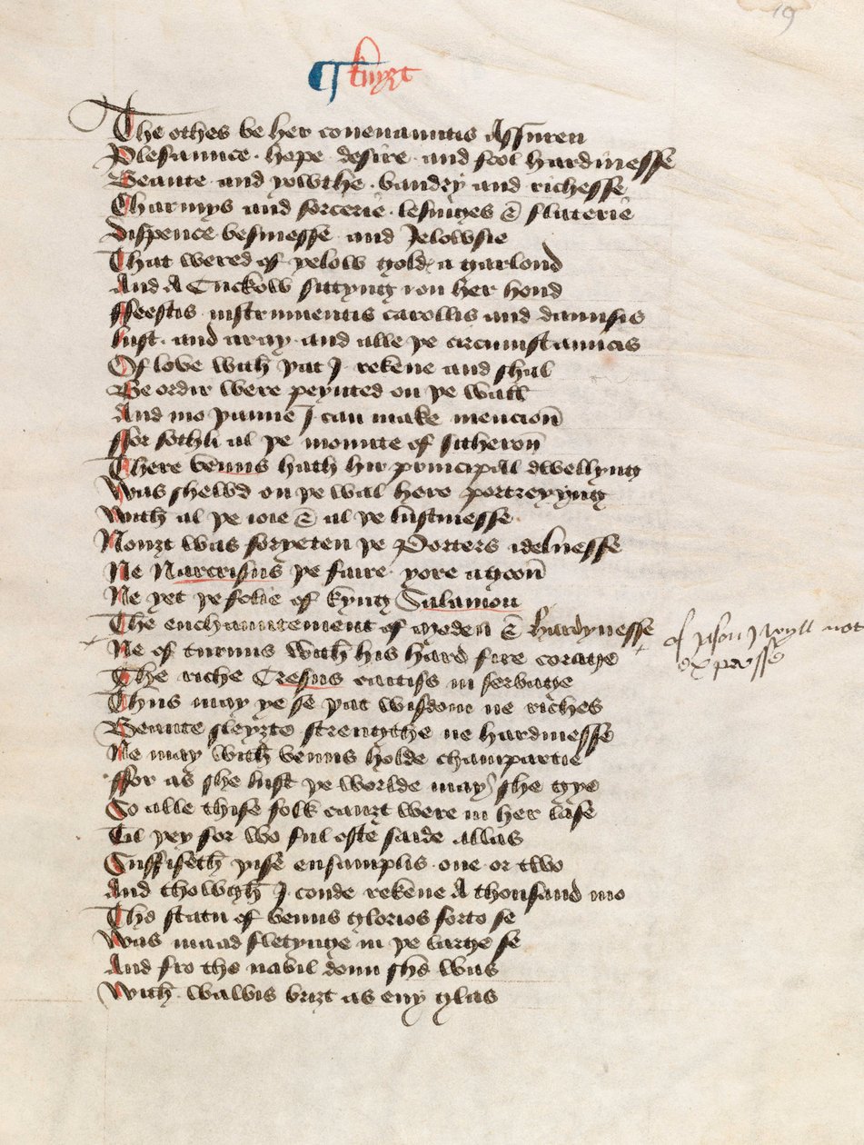 Ms. New Coll 314, f19r, The Canterbury Tales, kirjoittanut Geoffrey Chaucer (kynä ja muste perunakalvolla) tekijältä English School