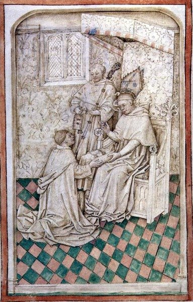 Ms R 14.5 f.8v Thomas Bekynton, Bath and Wellsin piispa, vastaanottaa Chaundlerin Abingdonin messalista 1457-61 tekijältä English School