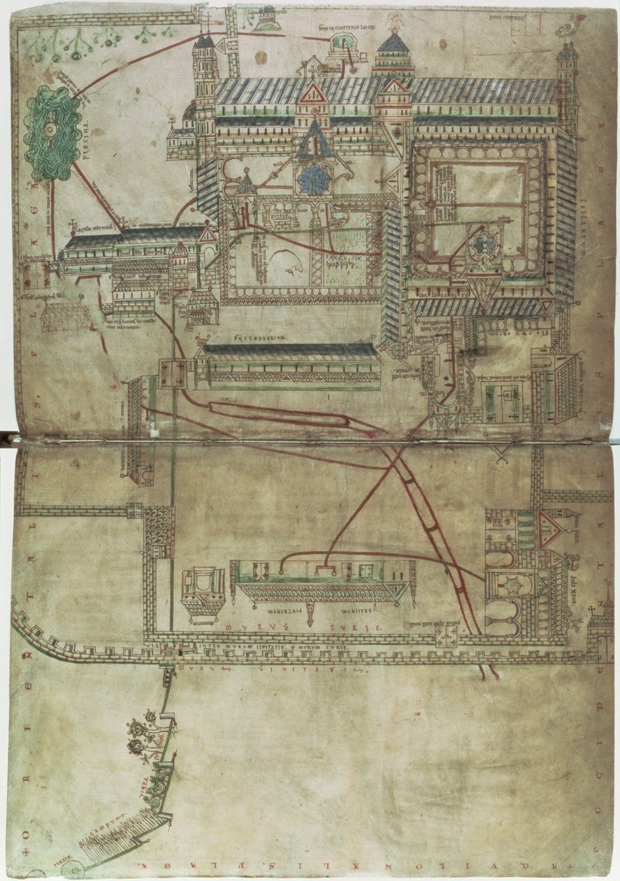 Ms R 171 f.285 Suunnitelma Canterburyn katedraalista ja putkijärjestelmästä, "Eadwine Psalter", n. 1150 (vellum) tekijältä English School