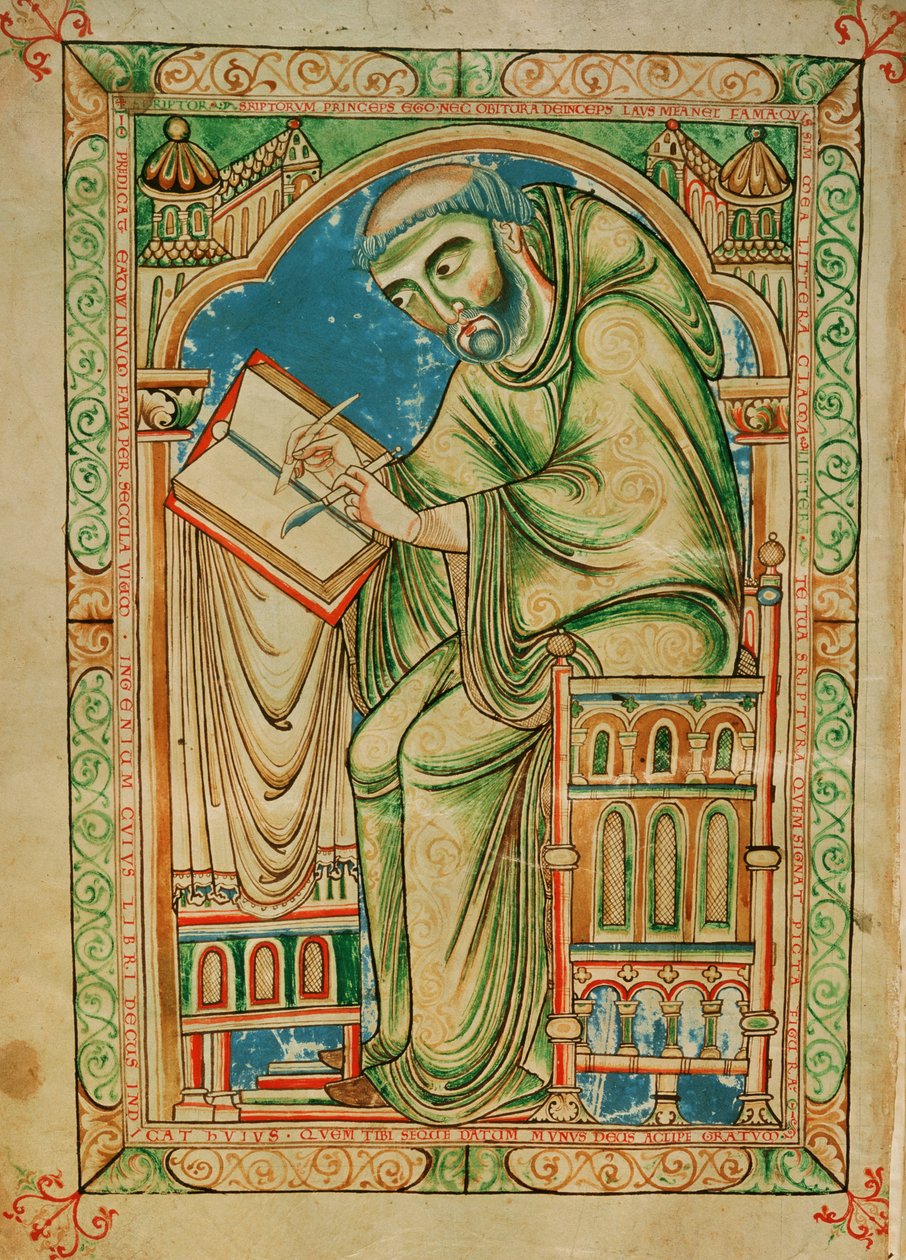 Ms R 17 I f.283v Monk Eadwine työstää käsikirjoitusta, Eadwine Psalter, n. 1150 (vellum) tekijältä English School