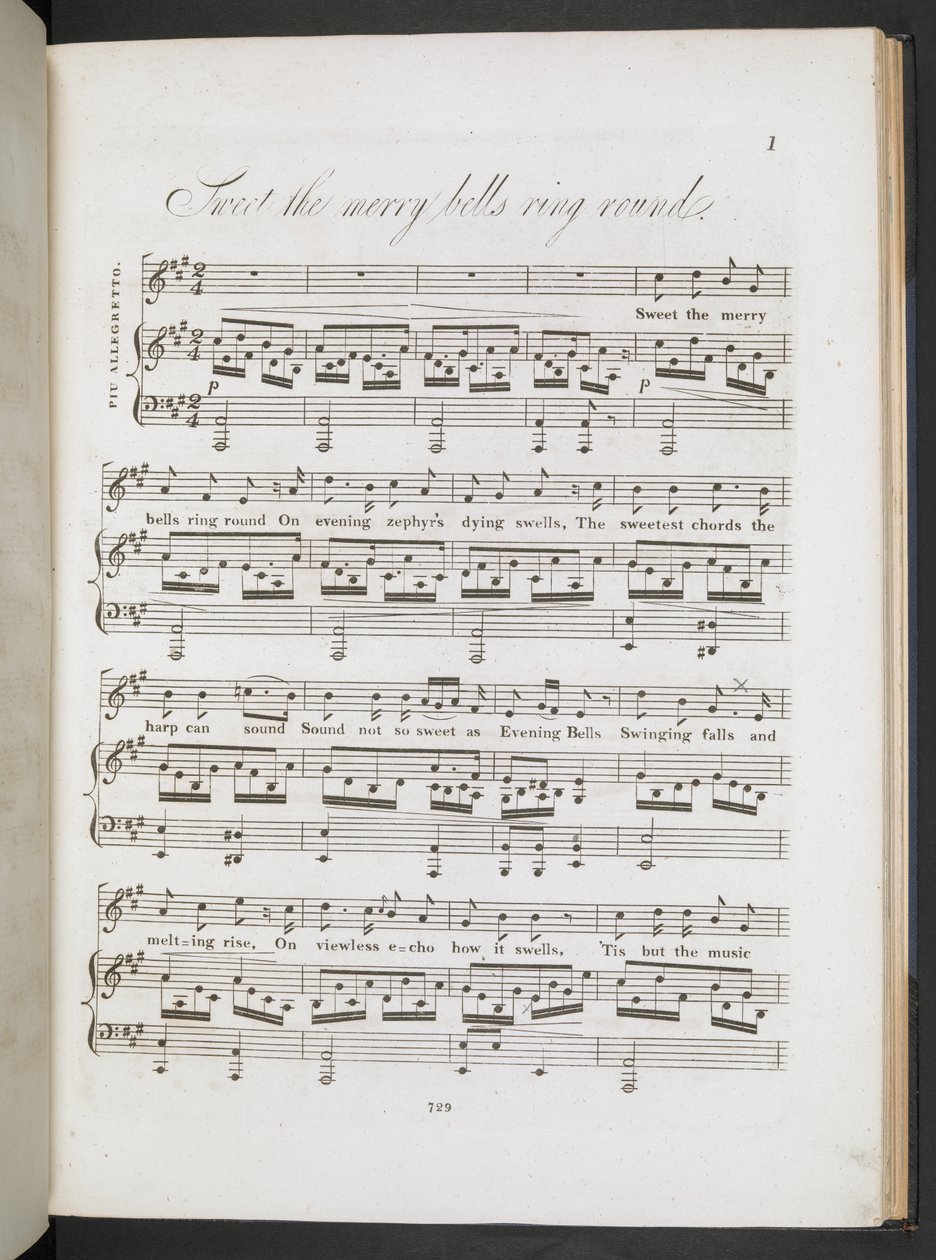 Partitura musical de "Sweet the Merry Bells Ring Round" John Clare i F.W. Crouch, pàgina 1, c.1820 (impressió)finès tekijältä English School
