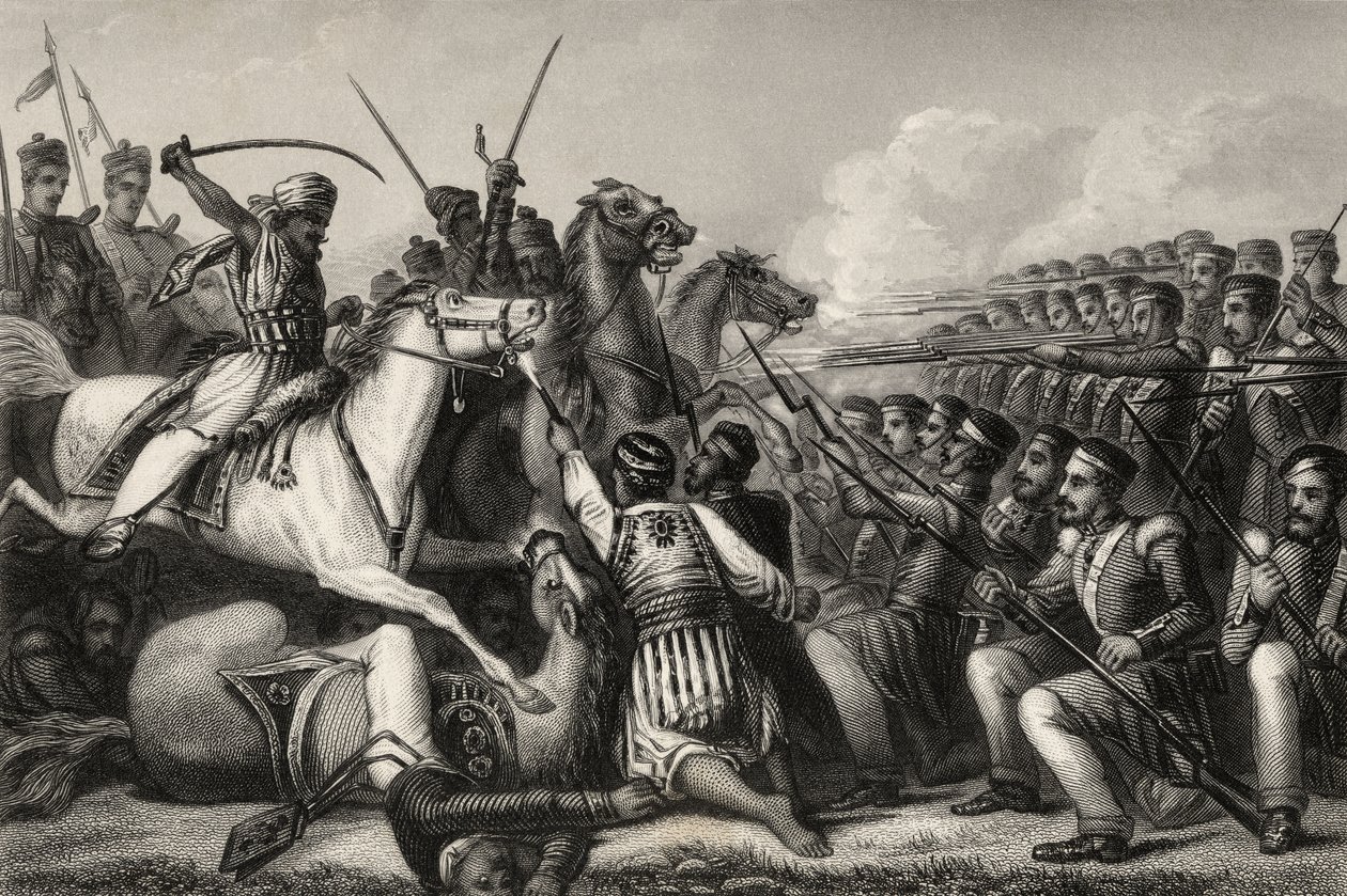 Kapinallisen ratsuväen hyökkäys jalkaväen ruudun kimppuun Cawnporen taistelussa vuonna 1857, vuodelta 1858 peräisin oleva teos "The History of the Indian Mutiny". tekijältä English School