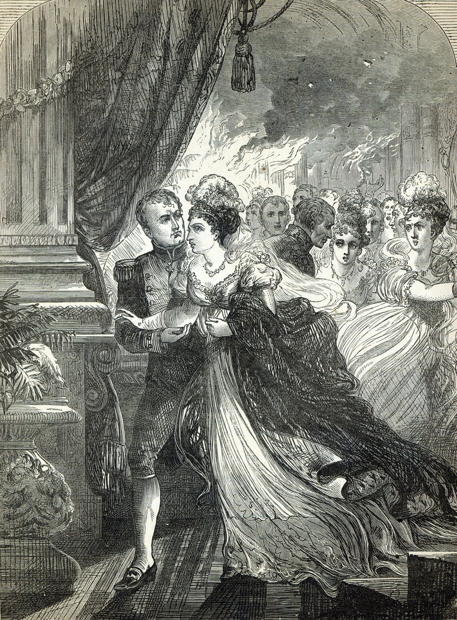 Napoleon ja Marie-Louise pakenevat tulesta Itävallan suurlähettilään 1. heinäkuuta 1810 pitämässä juhlassa keisarillisen parin avioliiton kunniaksi tekijältä English School