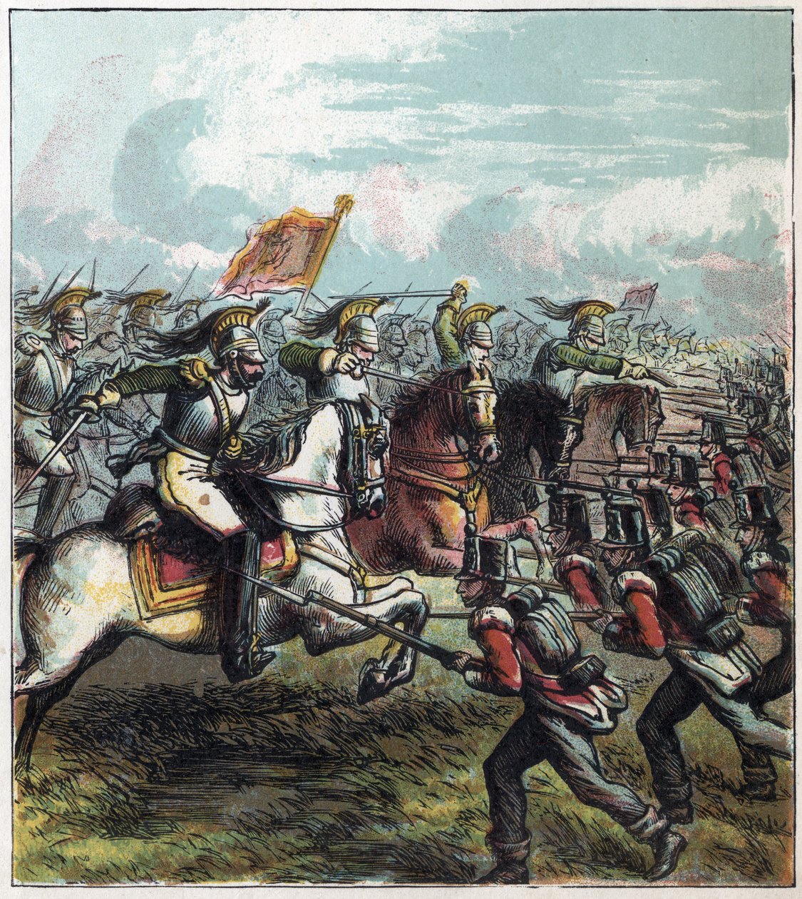 Napoleonin sota: Waterloon taistelu 18.6.1815. Napoleon I:n ranskalainen ratsuväki hyökkäsi Englannin armeijaa vastaan, ranskalaisten tappio merkitsi Napoleon I:n valtakunnan loppua. Waterloon taistelu tekijältä English School