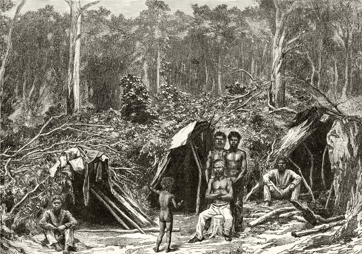 Native Aboriginie Encampment, n. 1880, Howard Willoughbyn "Australian Pictures" -julkaisusta, julkaisija Religious Tract Society, Lontoo, 1886 tekijältä English School