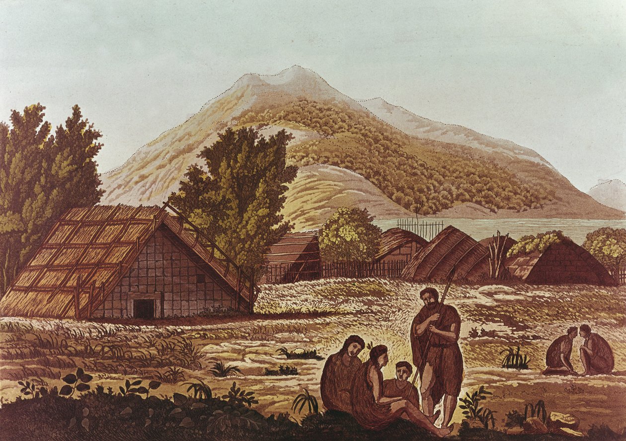 Alkuperäiset, takana majoja ja vuoria, kaiverrus F. Fumagalli (värikaiverrus) tekijältä English School
