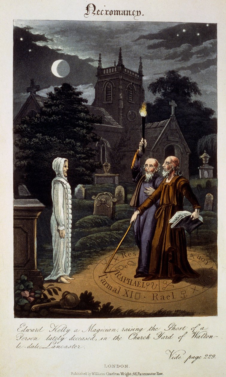 Nekromantia: Edward Kelly, taikuri, joka herättää äskettäin kuolleen henkilön haamua Walton-le-dalen kirkkopihalla, Lancasterissa Robert Crossin teoksesta 1800-luvun astrologi. tekijältä English School