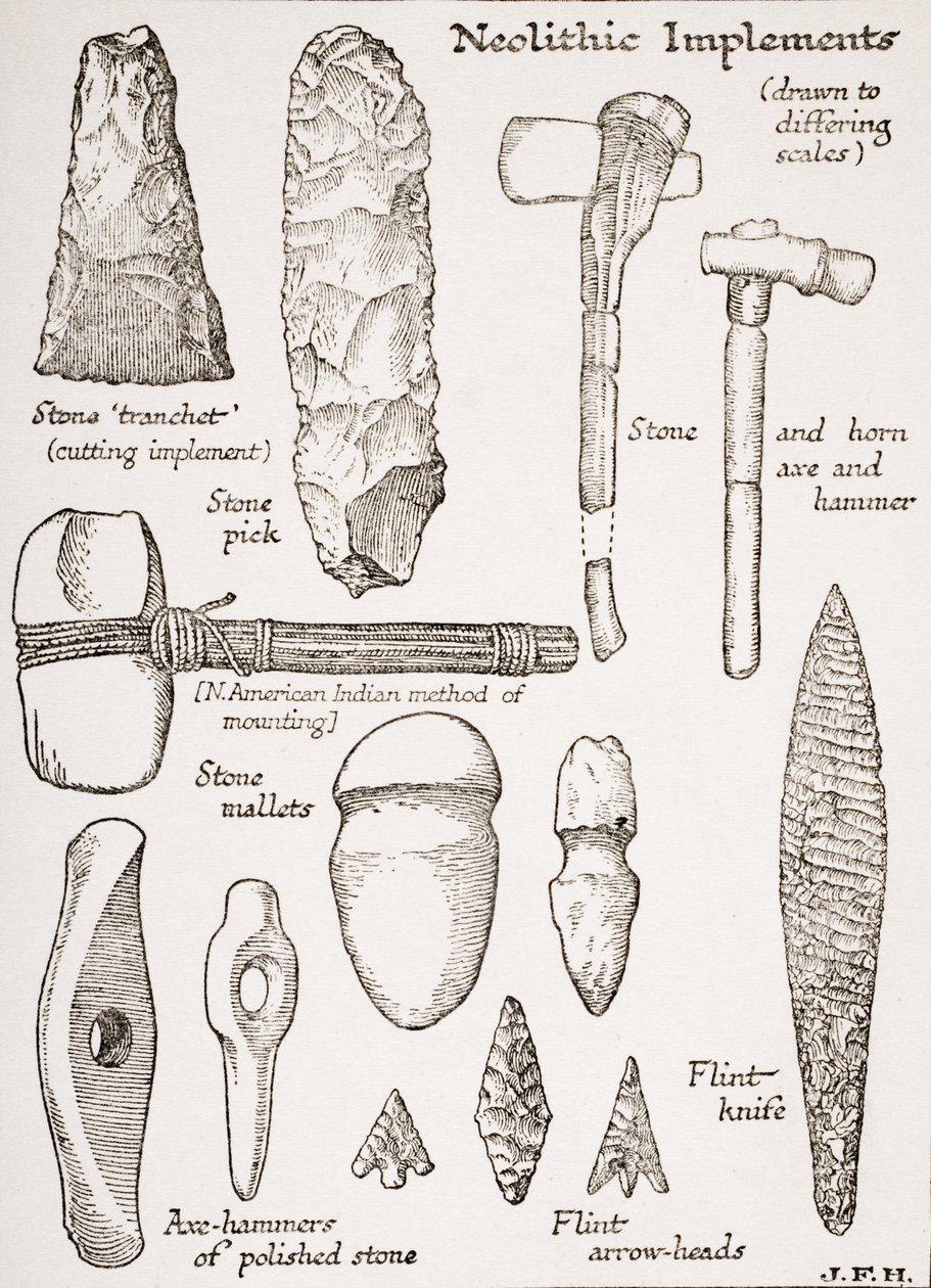 Neolithic Implements, kuvitus H.G. Wellsin teoksesta "The Outline of History", osa I, julkaistu vuonna 1920 tekijältä English School