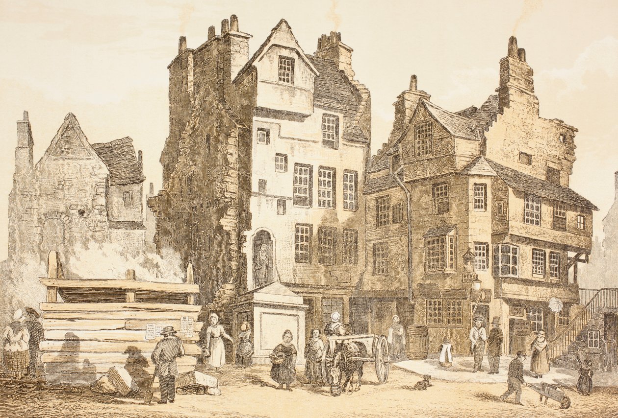 Netherbow House, Edinburgh sellaisena kuin se oli vuonna 1843, John Howien teoksesta "The Scots Worthies", toinen painos julkaistiin vuonna 1879 tekijältä English School