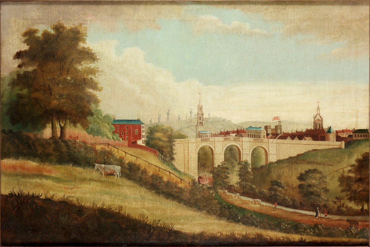 Uusi silta Pandon Denen yli, Newcastle upon Tyne, n. 1812 tekijältä English School