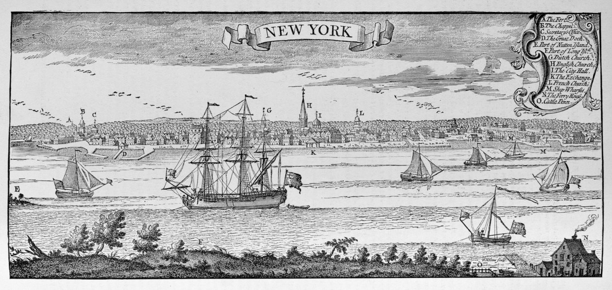 New York vuonna 1732, kuvitus V osasta "Narrative and Critical History of America", 1887 (kaiverrus) tekijältä English School