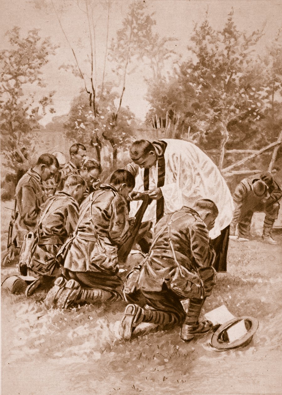 Uuden-Seelannin armeijan pappi jakamassa ehtoollista sotilaille ennen taistelua, 1914-1919 tekijältä English School