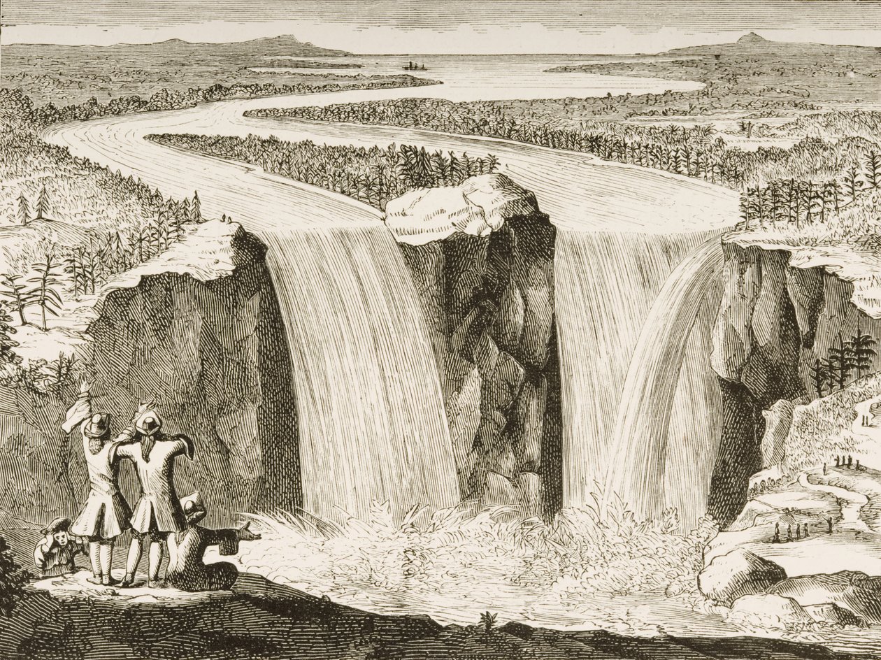 Niagaran putoukset isä Hennepinin vuonna 1677 tekemän luonnoksen mukaan, Religious Tract Societyn julkaisemasta teoksesta "American Pictures", 1876. tekijältä English School