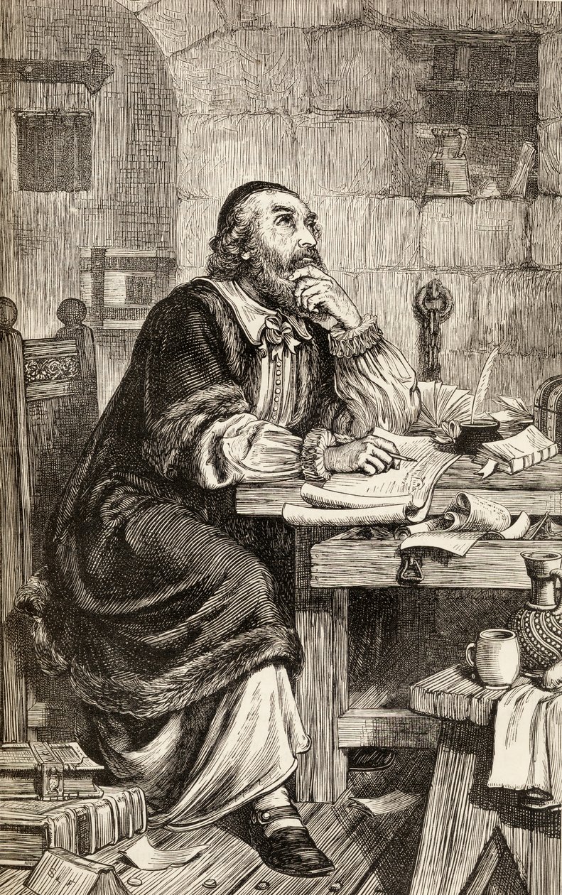 Nicholas Ridley kirjoittaa kirjeitä vankilassa odottaessaan teloitustaan, n. 1865 (puukaiverrus) tekijältä English School