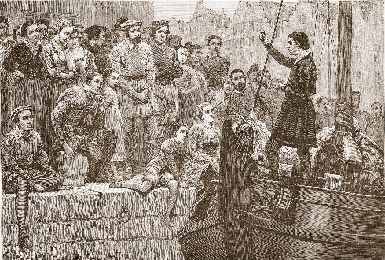 Nicholas saarnaamassa väkijoukolle veneestä Scheldtillä, kuvitus James Aitken Wylien (1808-1890) teoksesta The History of Protestantism, pub. 1878 tekijältä English School