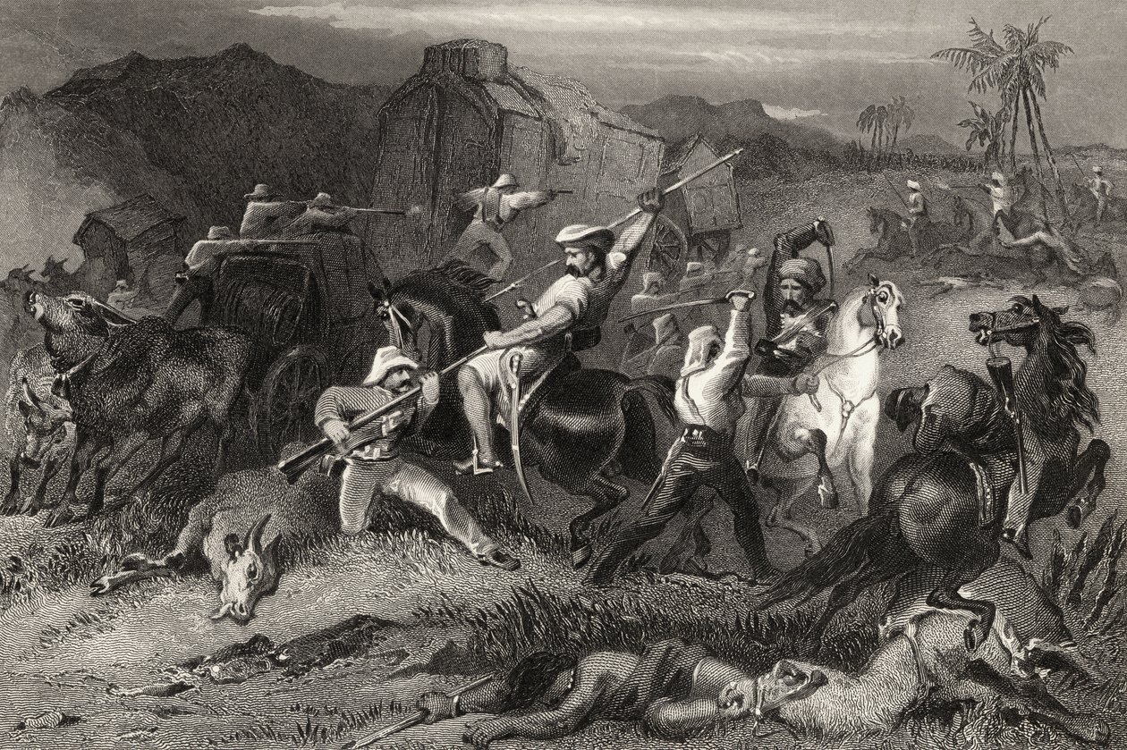 Night Sortie ja hyökkäys matkatavaravaunuja vastaan, vuonna 1858 julkaistusta The History of the Indian Mutinysta tekijältä English School