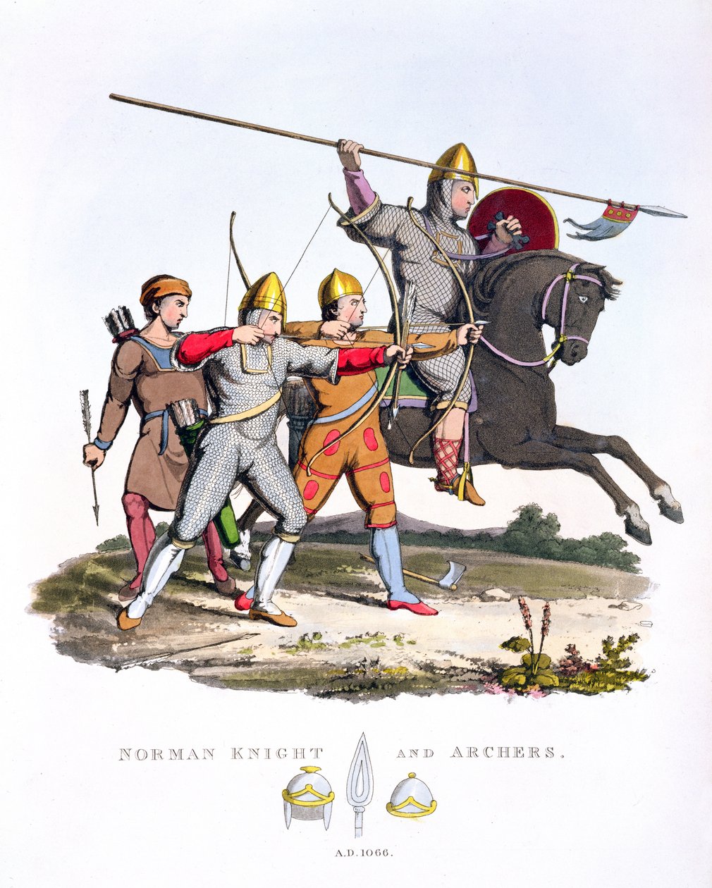Norman Knight ja Archers, 1066, Ancient Armourista, Samuel Rush Meyrick, 1824 tekijältä English School