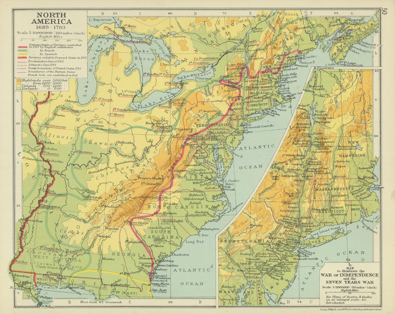 Pohjois-Amerikka 1689-1783 (värilitografia) tekijältä English School