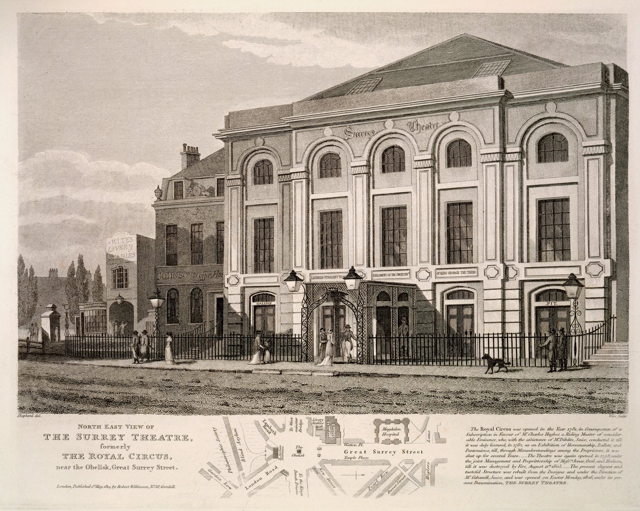 Koillisnäkymä Surrey-teatterista, entinen kuninkaallinen sirkus lähellä obeliskia, Great Surrey Street, 1814 tekijältä English School